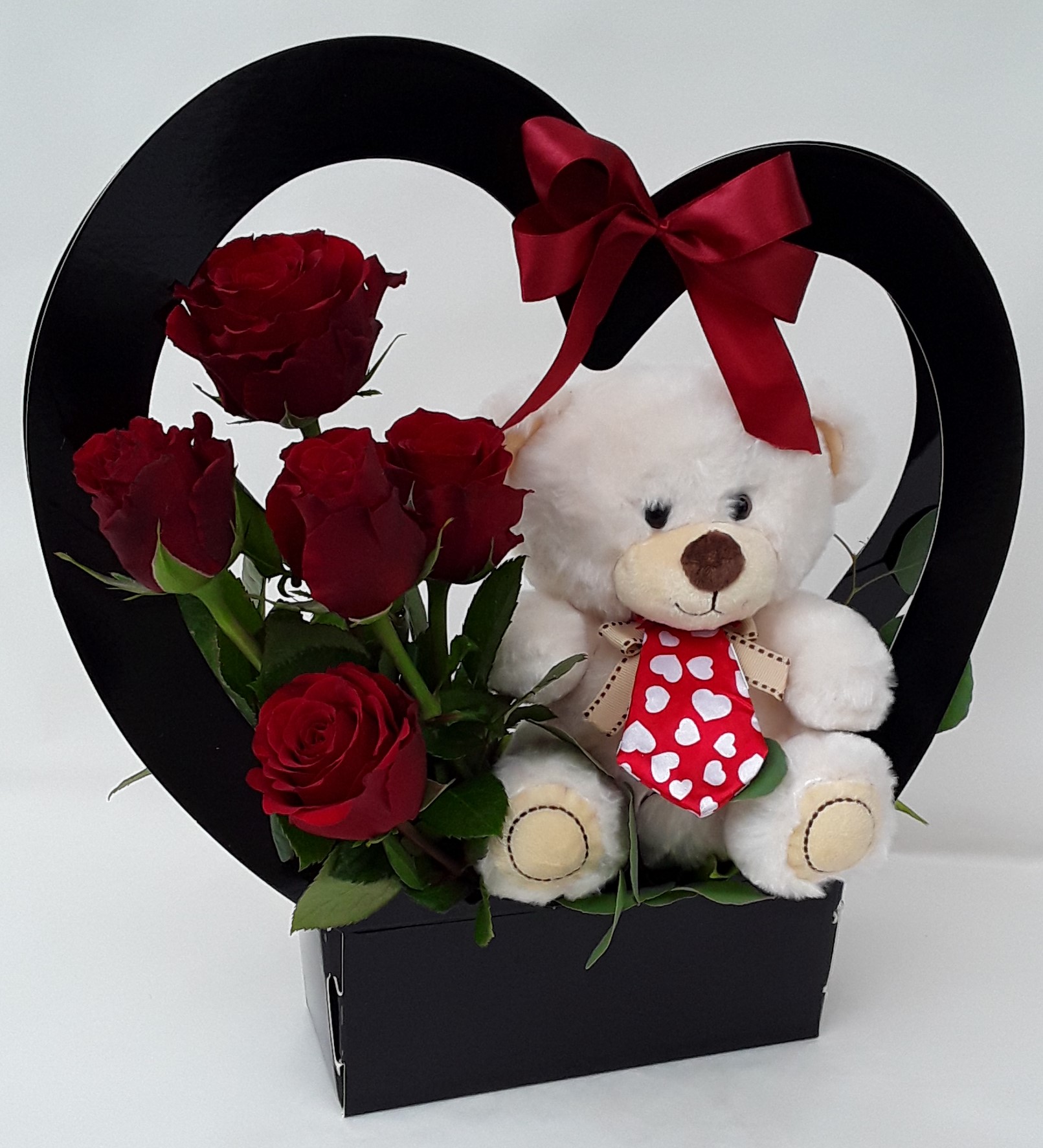 Roses and teddy bear in heart box!!!