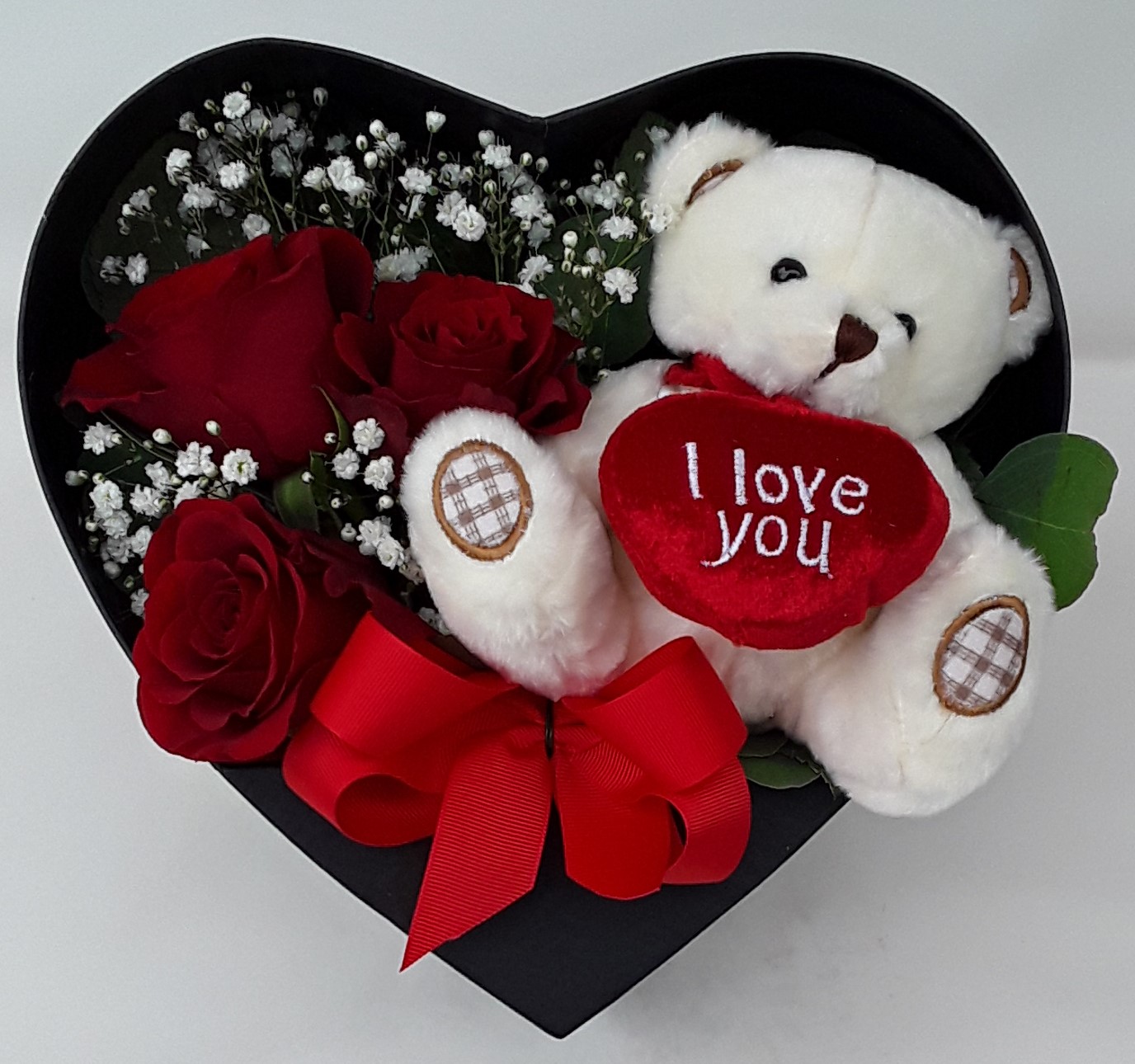 Black heart box with teddy bear and roses!!!