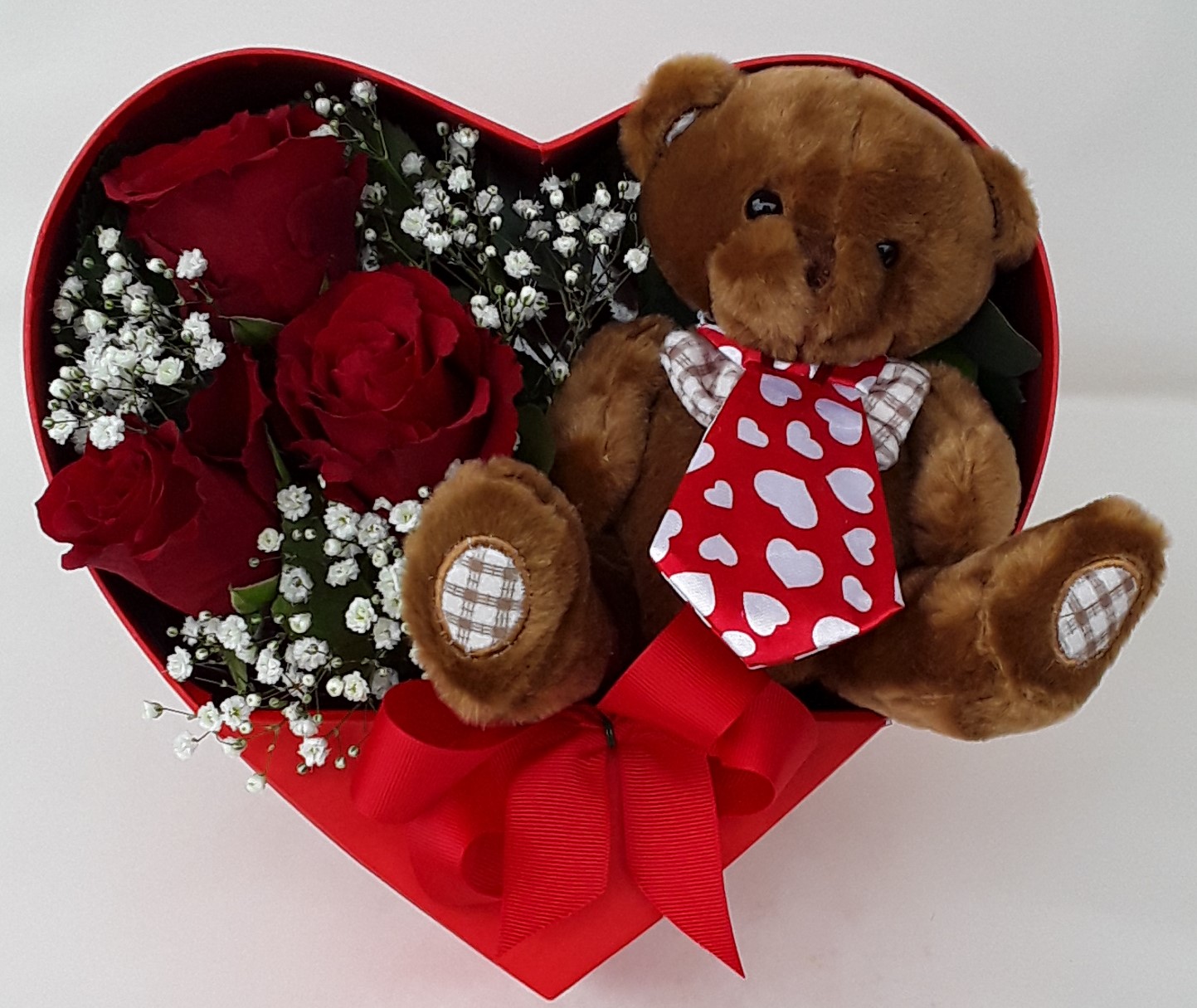 Red heart box with teddy bear and roses!!!