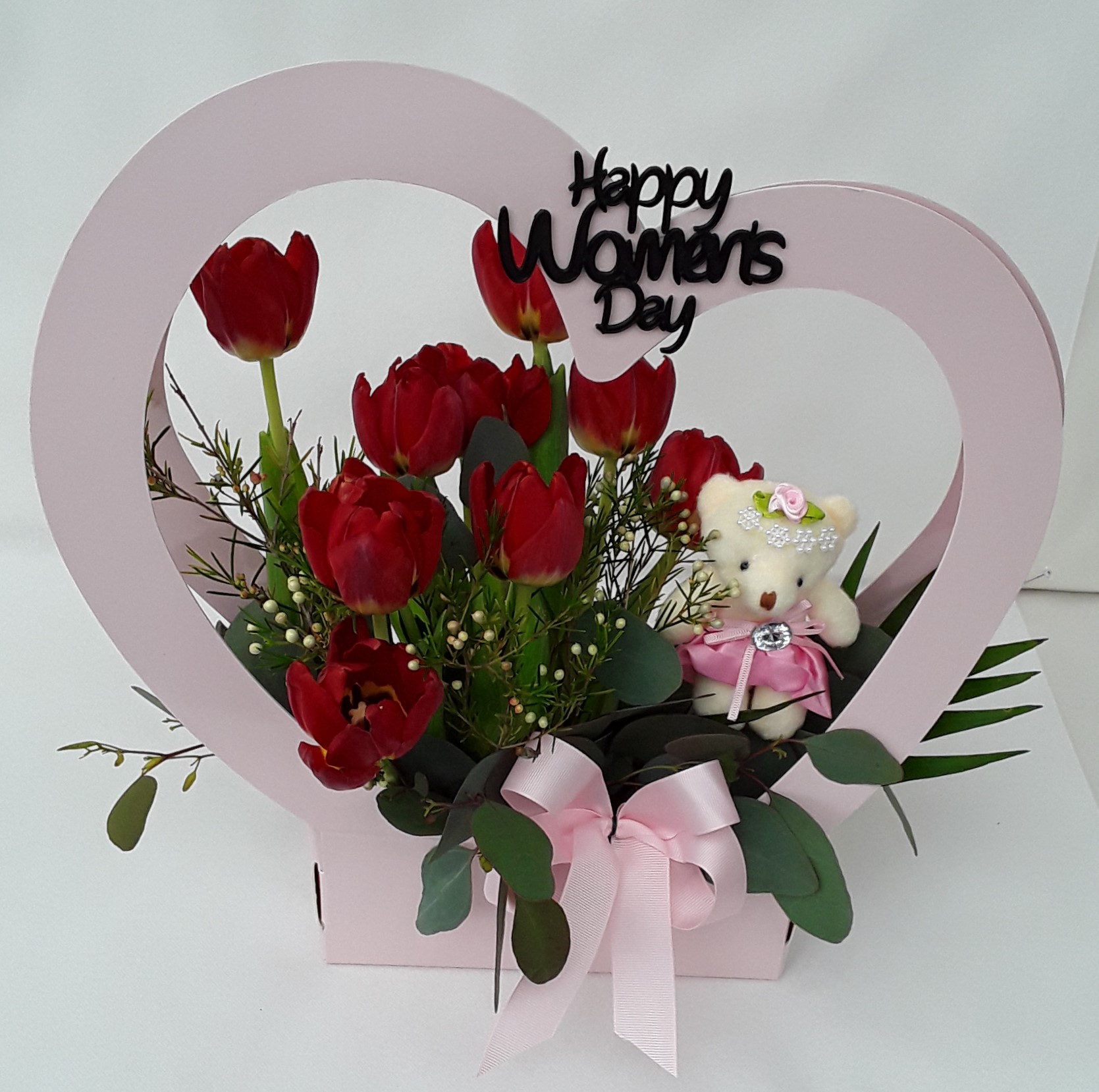 Pink heart box with tulips