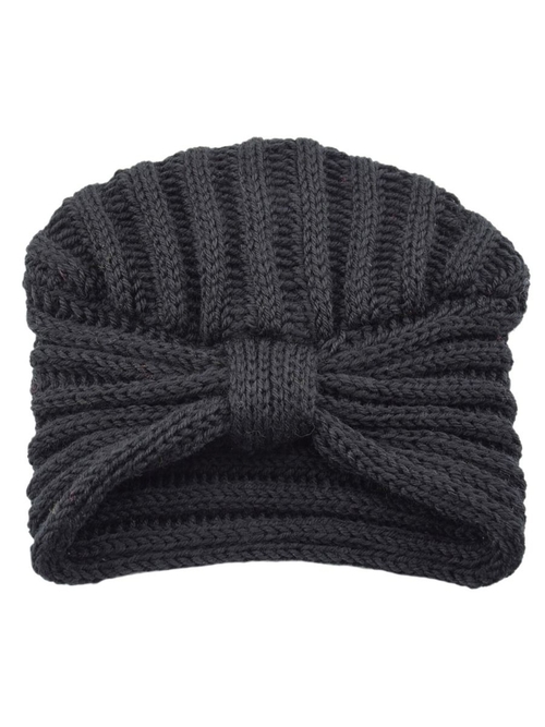 Girl's Autumn-Winter Knitted Turban With Front Knot In Black Polyster Material 1Pc