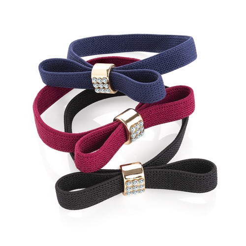 Girl's Three Piece Elastic Set With Crystal Bow: Wine Red Black & Blue 1Pc