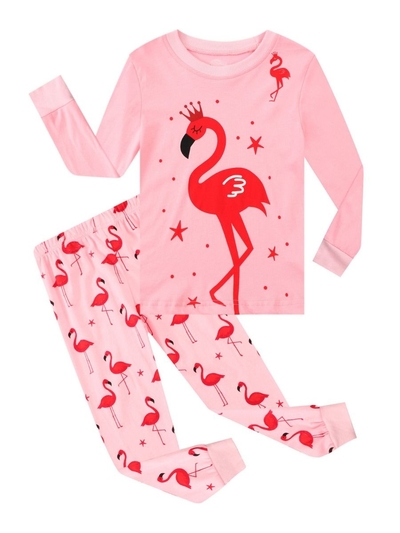 Girl's Flamingo Design Long Sleeve Pajamas Set In Vivid Pink 4-5 Years Old 1Pc