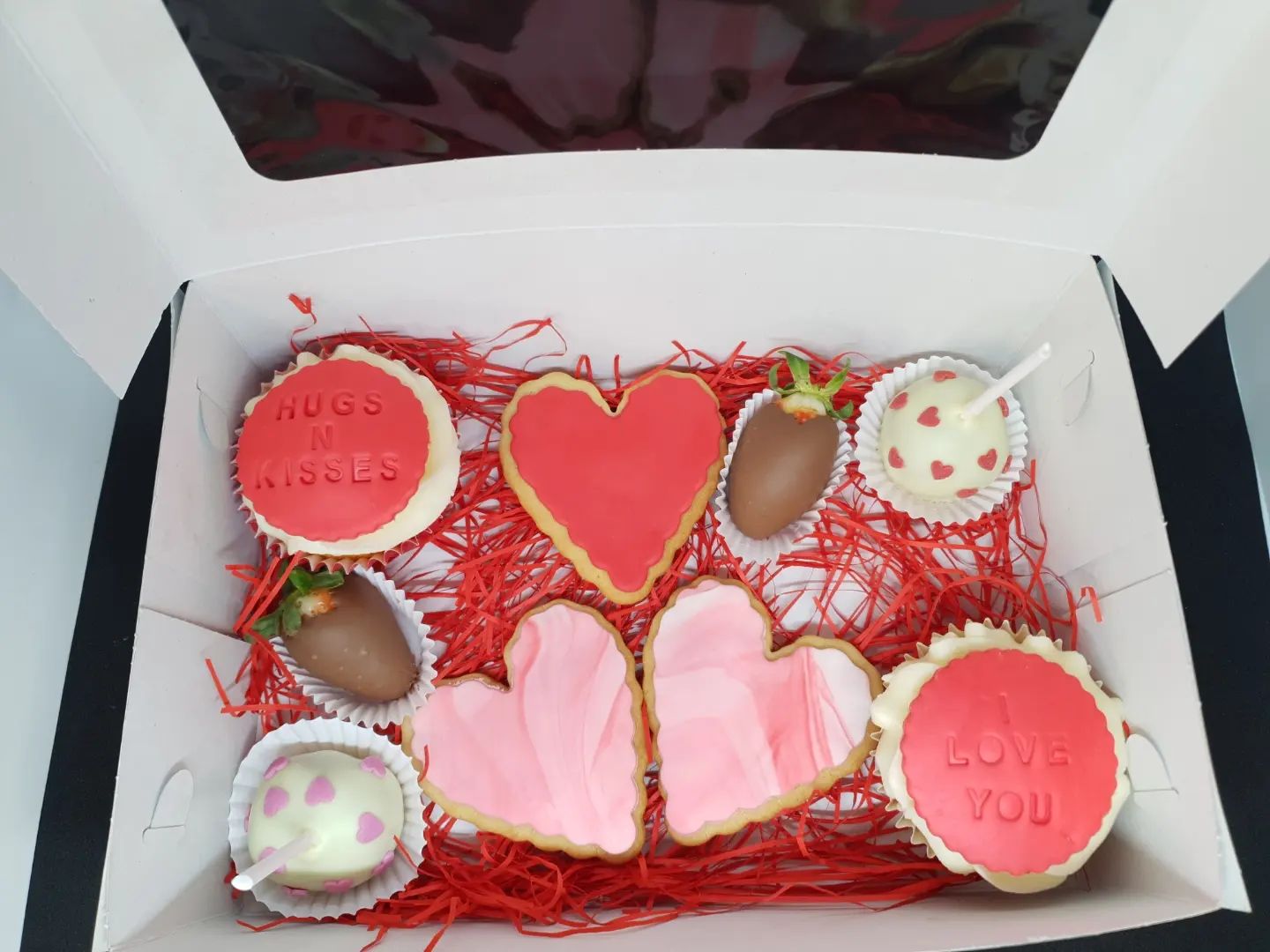 Valentine's Treat  Goodies Box Sweets Cupcakes, Cake pops, Chocolate dipped strawberries and Cookies
