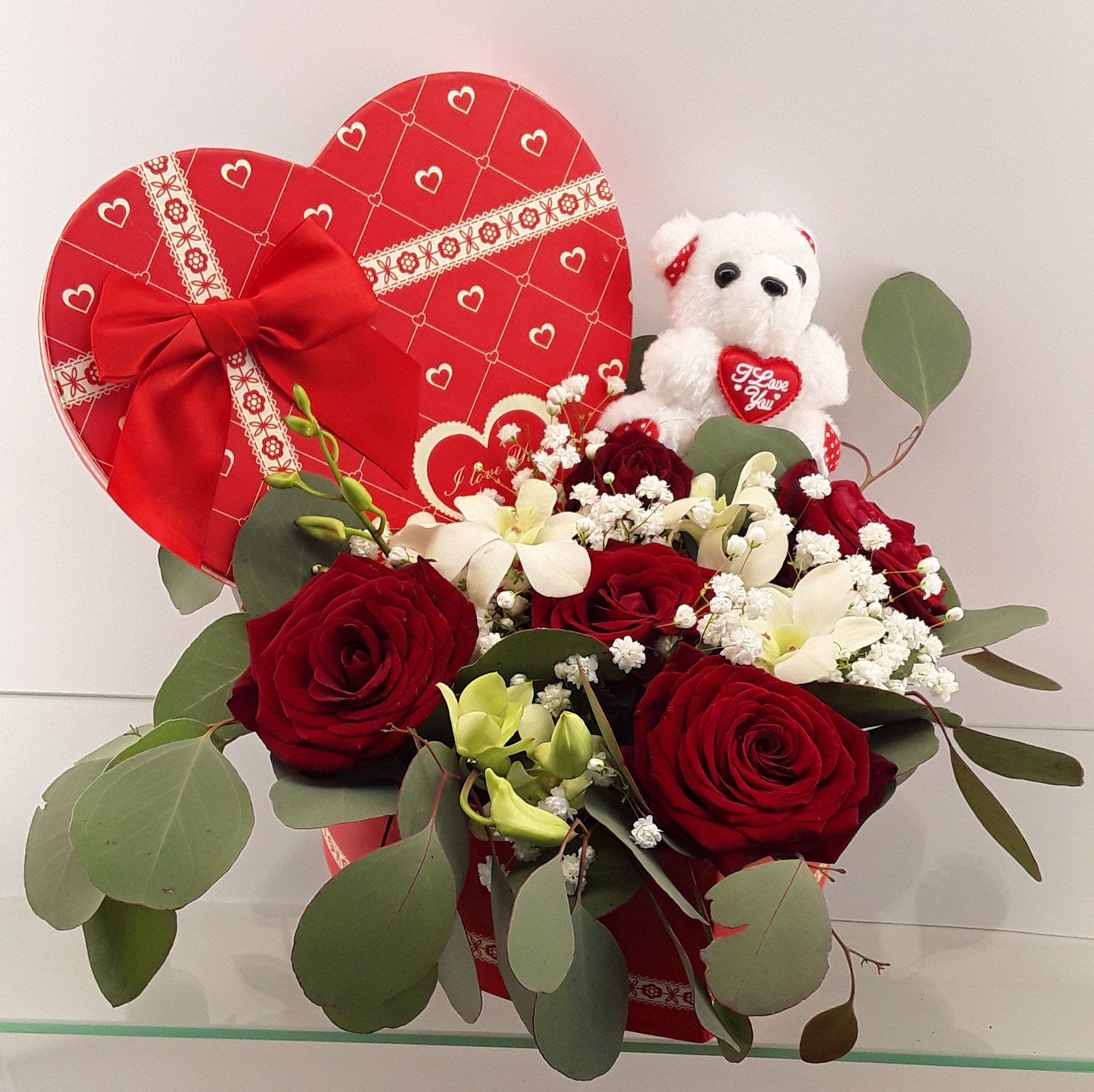 B2319- Florists 5 red roses and orchids in heart shaped Flower Box Love's Set