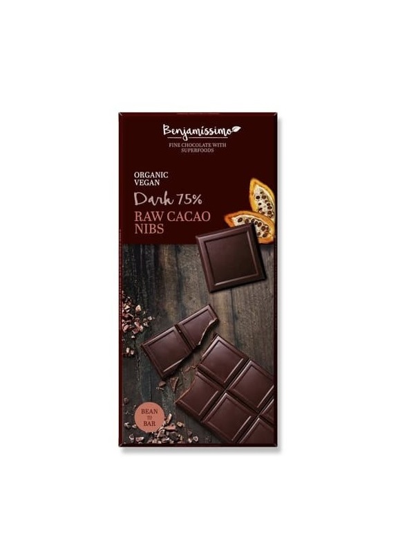 Benjamissimo Dark 75 Raw Cacao Nibs Vegan Bar 70G Bio