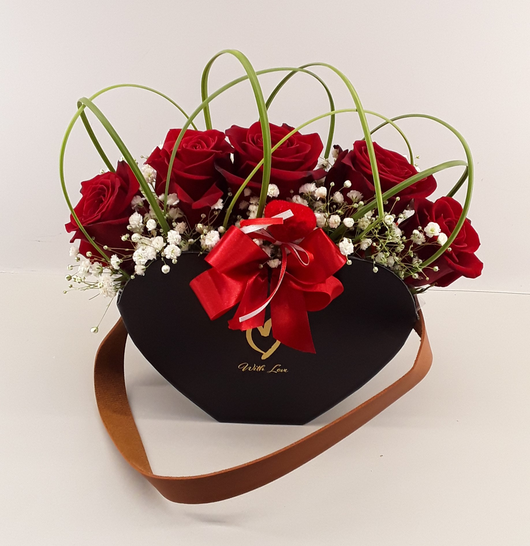 B2406--Red roses in black heart box