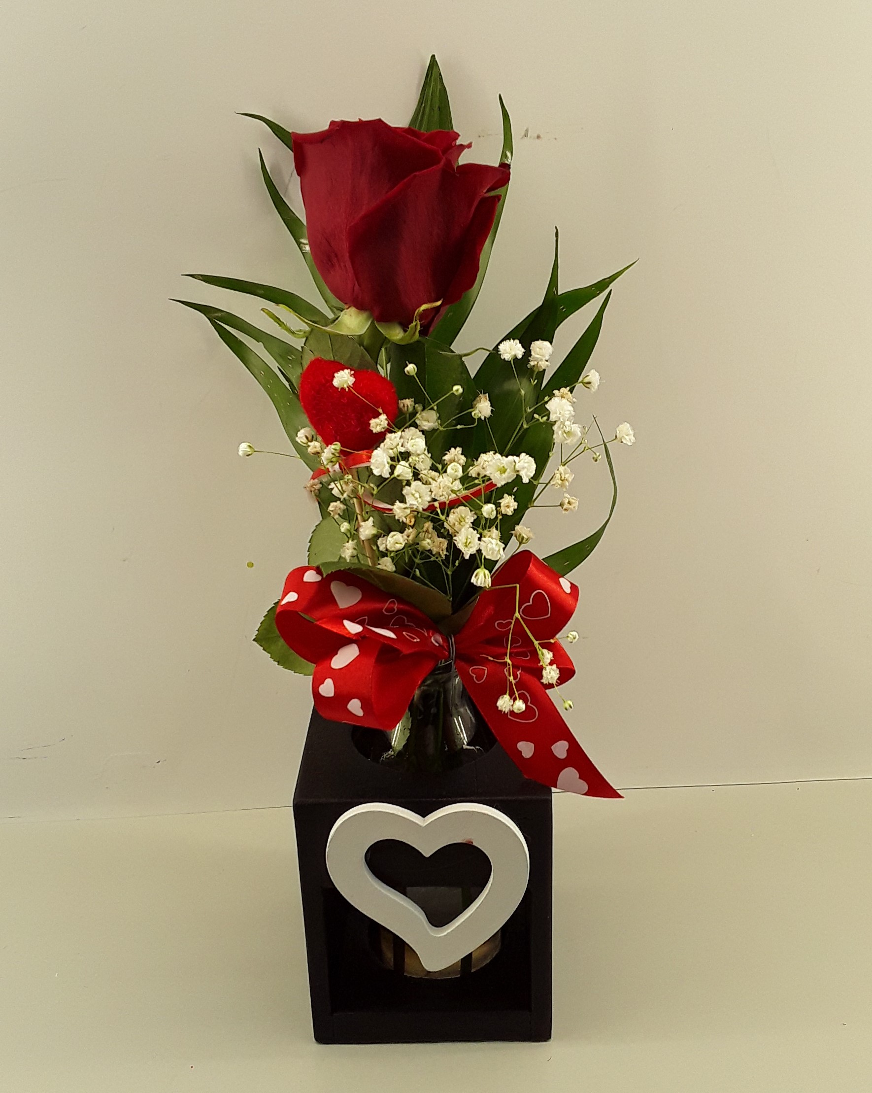 B2412--Red rose in wooden base