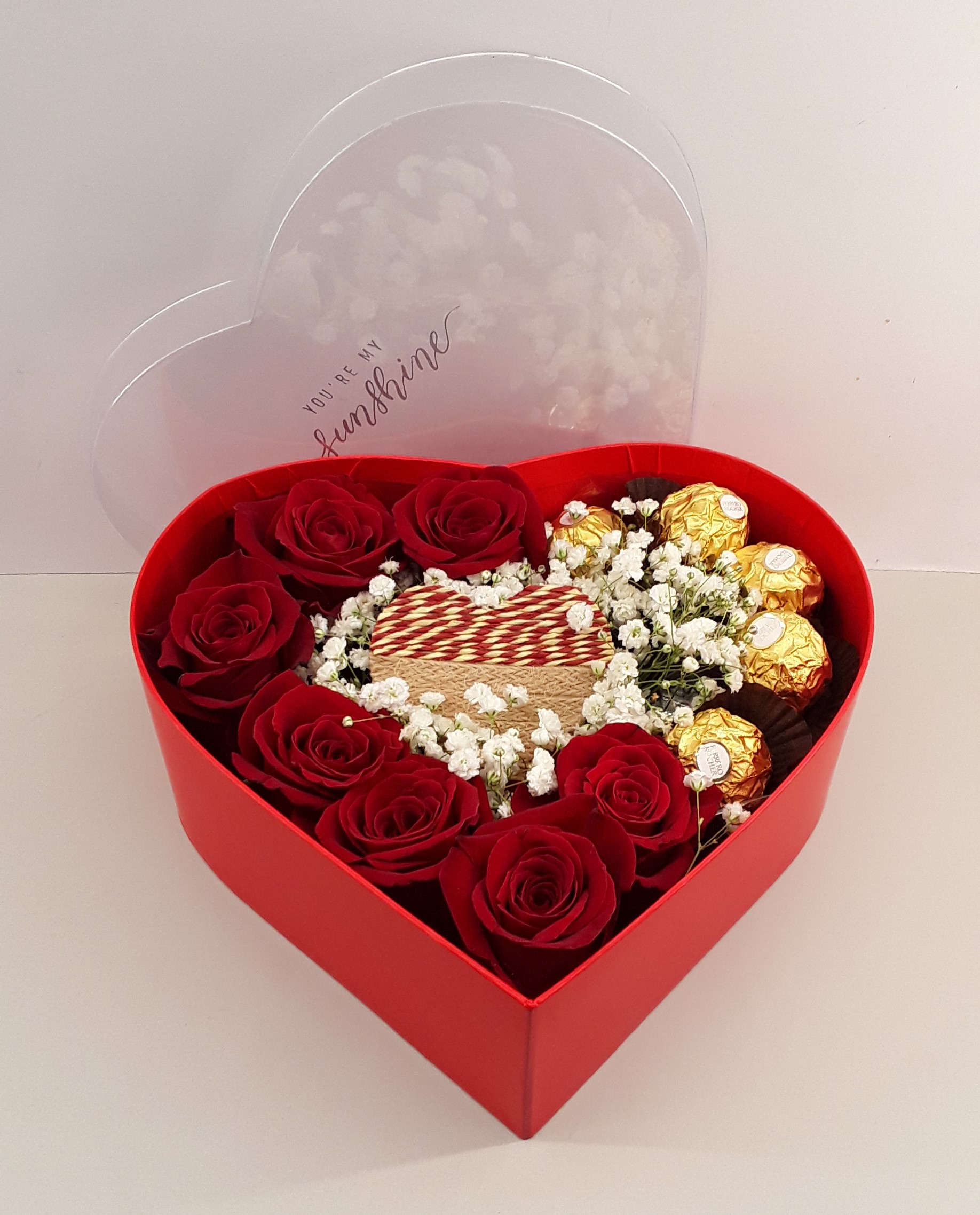 B2420--Red forever roses and chocolates in heart box