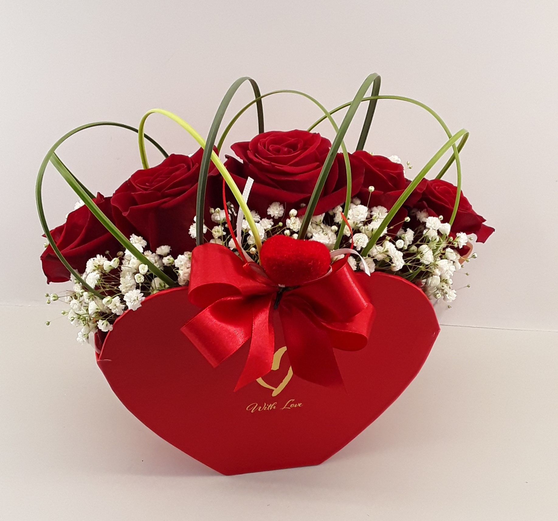 B2432--Red roses in red heart flower box