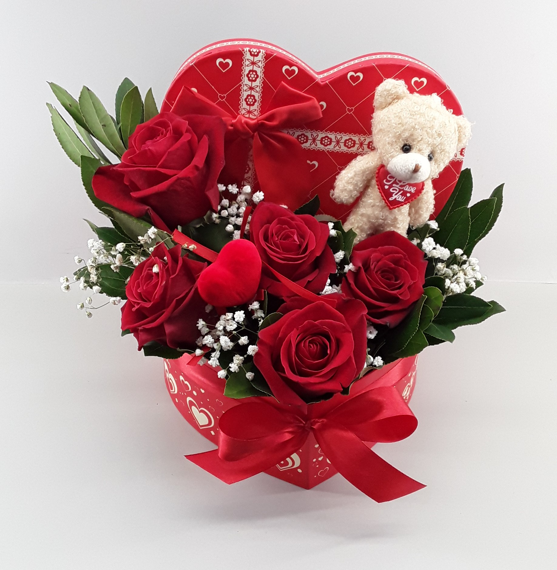 B2435--Red roses in heart flower box