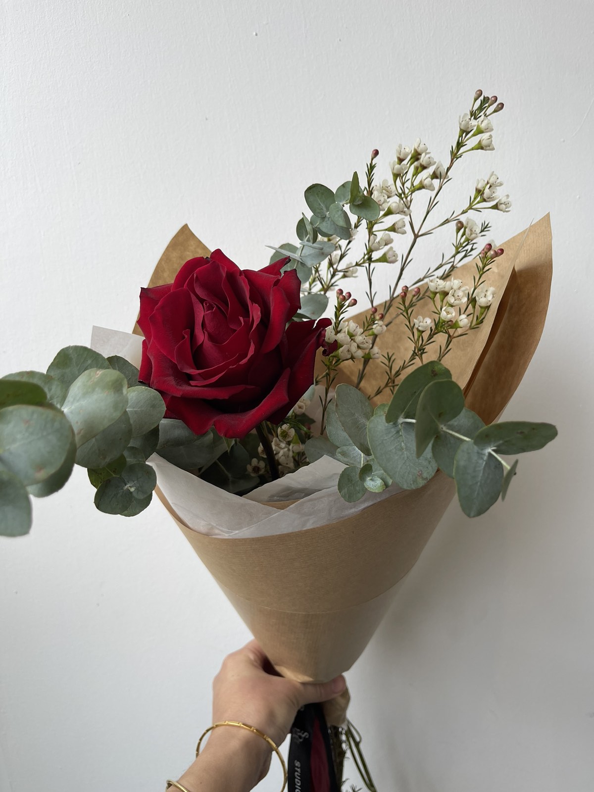 Red rose with wax flower & Eucalyptus