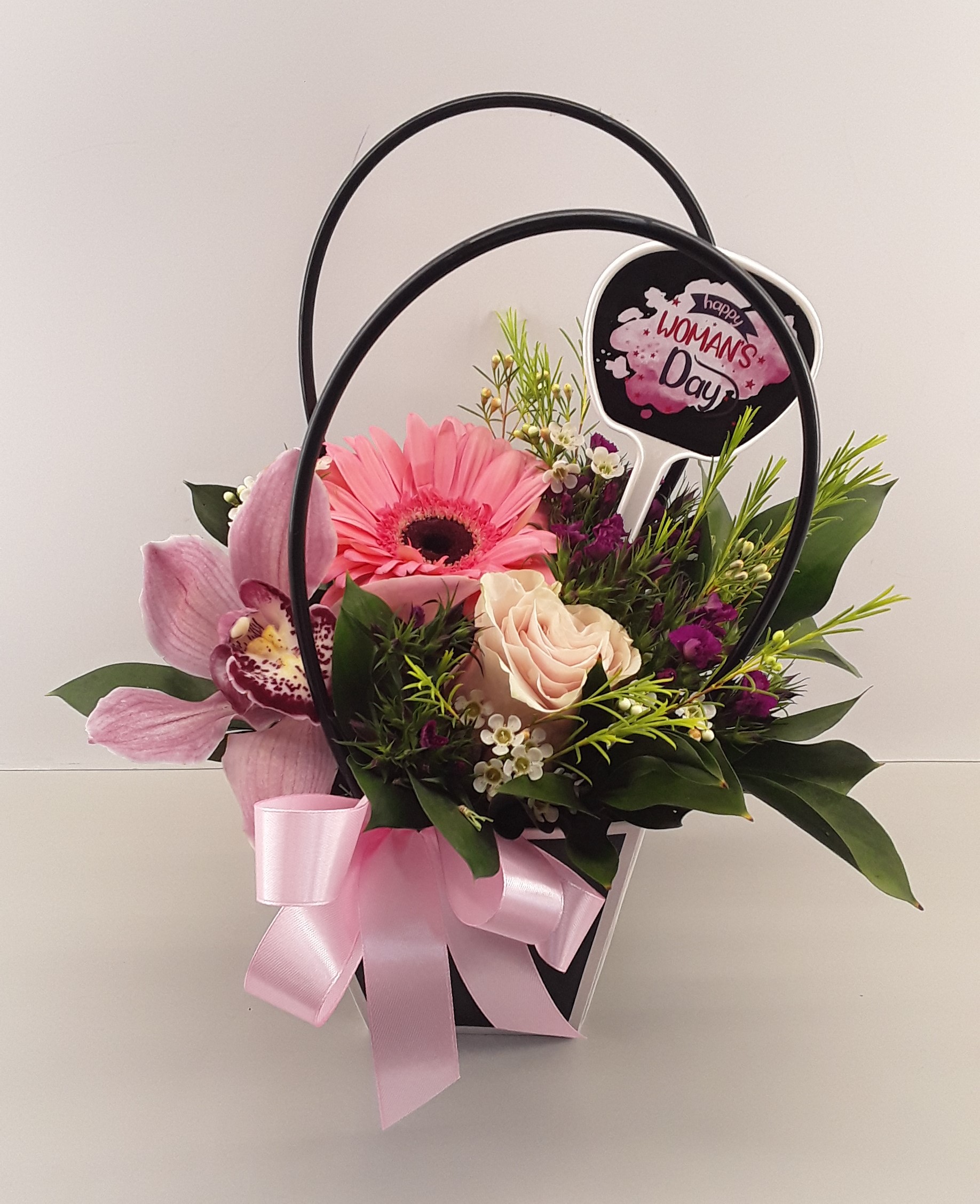 W2420--Mixed flowers in black bag