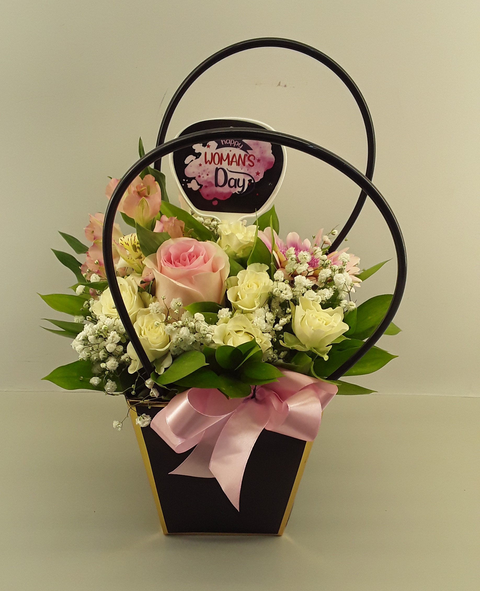 W2404--Gerbera and chrysanthemum in black bag