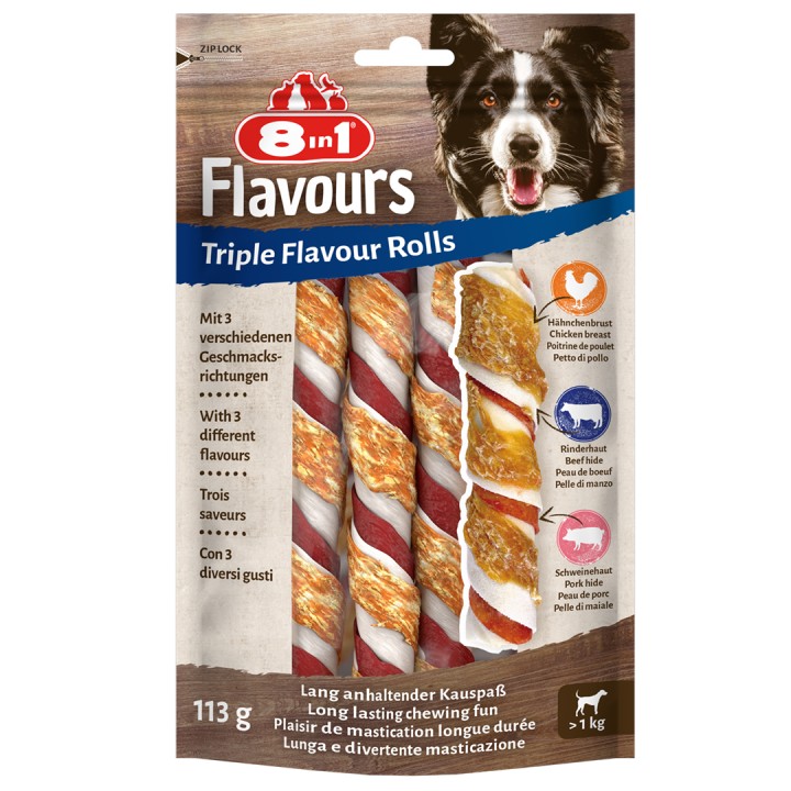 8in1 Triple Flavor Rolls Snacks For Dogs Pork Chicken Beef