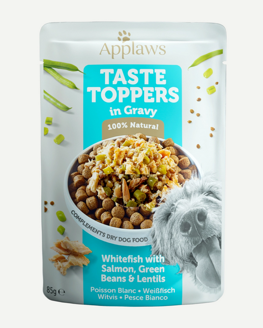Applaws Toppers Whitefish With Salmon, Green Beans & Lentils In Gravy Pouch 85gr