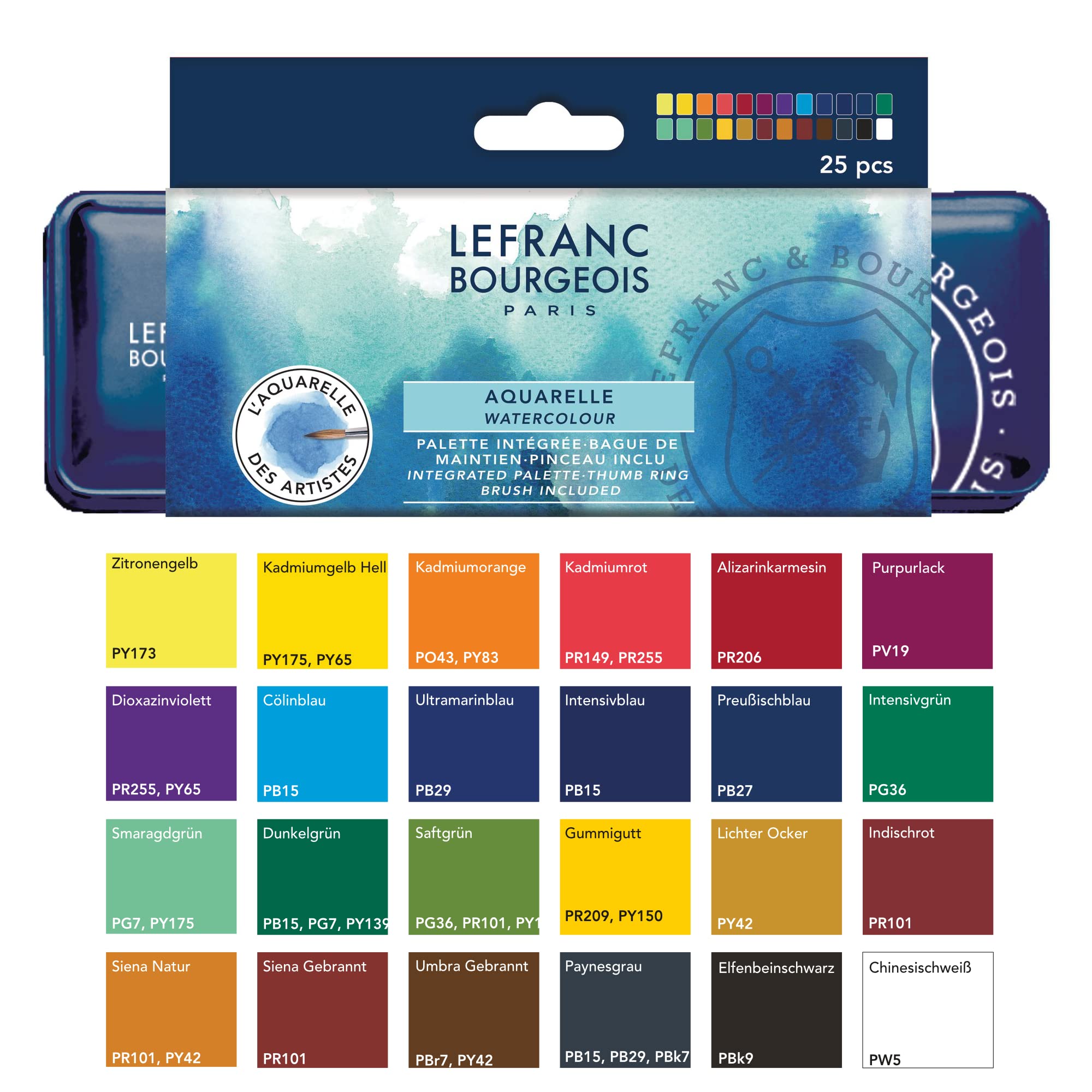 Lefranc & Bourgeois 301446 Fine Watercolour Paint In Metal Box 24 Vibrant Colours In 1/2 Bowls 1 Squirrel Hair Brush No. 8
