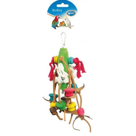 Wooden Hanging Bird Toy With Leather & Colourful Cubes 23Cm