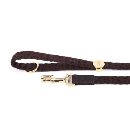 Myfamily Milano Dog Leash In Premier Quality Italian Brown Nylon With 24K Gold Plated Finishing