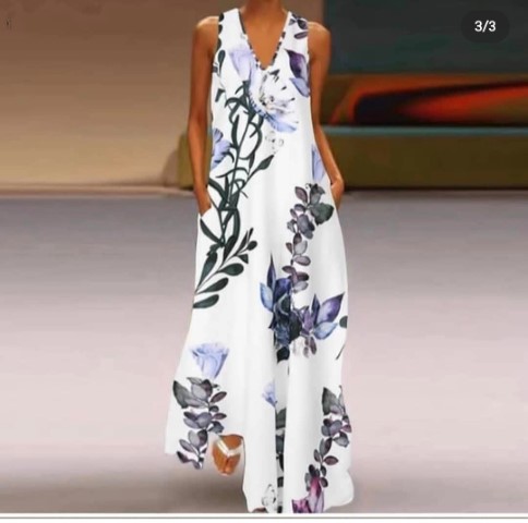 Woman's Long White Floral Design No Sleeve Dress