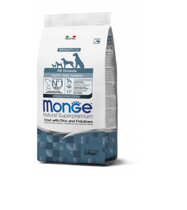 Monge Natural Super Premium All Breeds Puppy And Junior Monoprotein Trout, Rice And Potatoes - 12 Kg