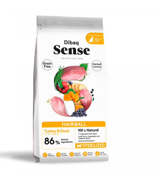 Dibaq Sense Grain Free Sterilized Hairball With Duck & Turkey Cat Dry Food - 6 Kg
