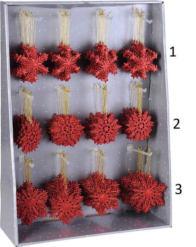 HANGING SNOWFLAKE 10CM GLITTER RED - ASSORTED DESIGNS