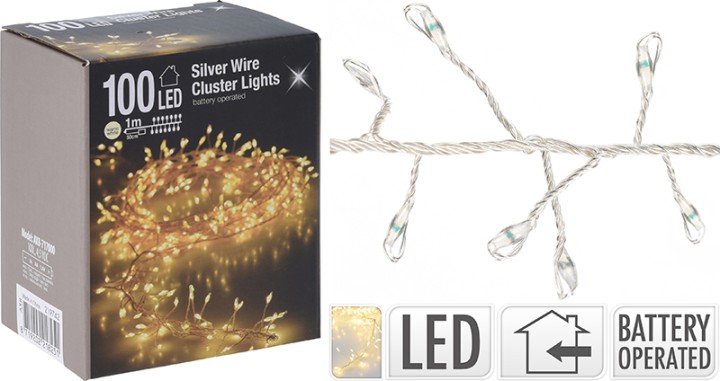 LED LIGHT SILVER WIRE 100 WARM WHITE CLUSTER