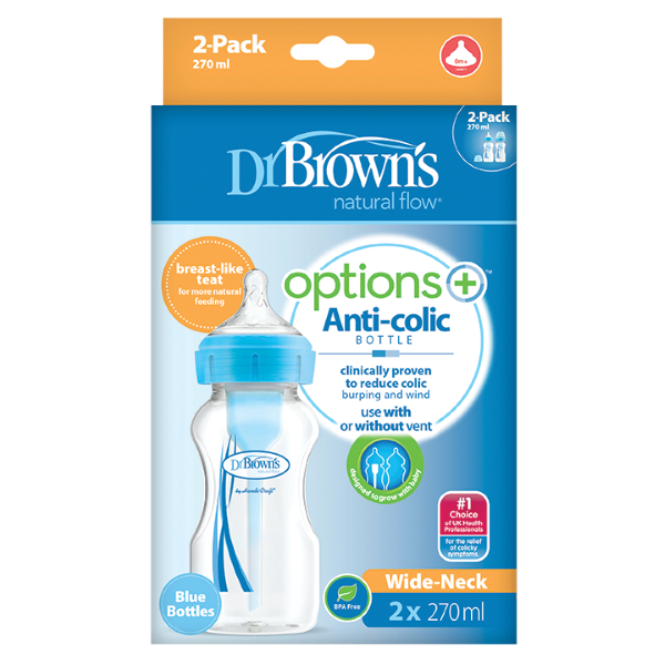 DR. BROWN'S NATURAL FLOW OPTIONS+ ANTI- COLIC WIDE- NECK BABY BOTTLES 2PIECES* 270ML BLUE