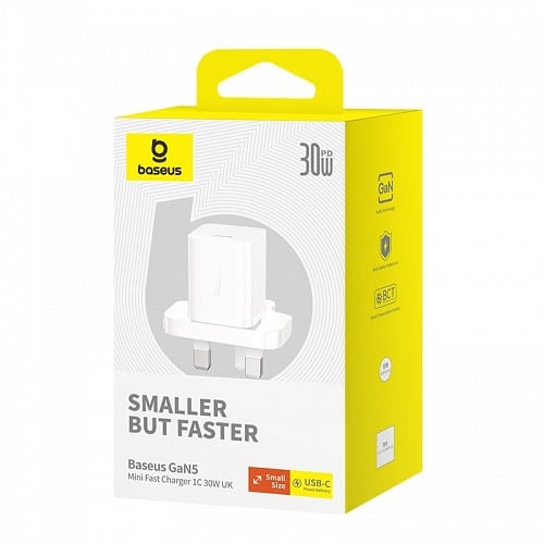 BASEUS CHARGER WALL 30W USB-C UK MINI GAN5 WHITE