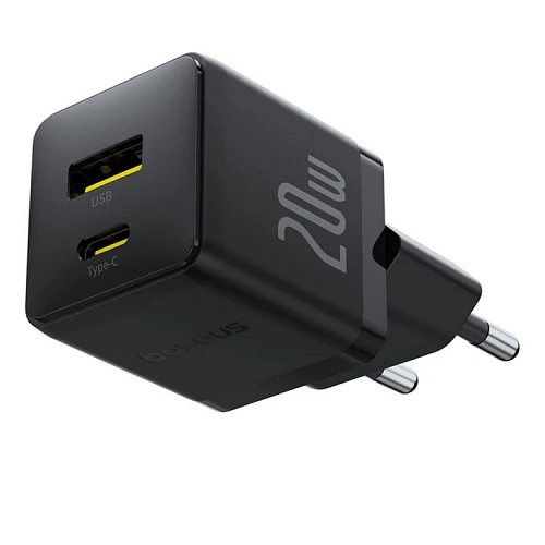 BASEUS WALL CHARGER 20W USB C USB A BLACK