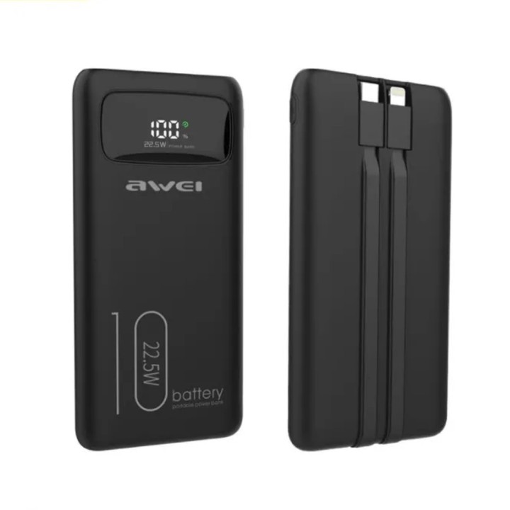 AWEI P168K POWERBANK WITH TYPE C AND LIGHTNING CABLE 10000mAh 22.5W BLACK