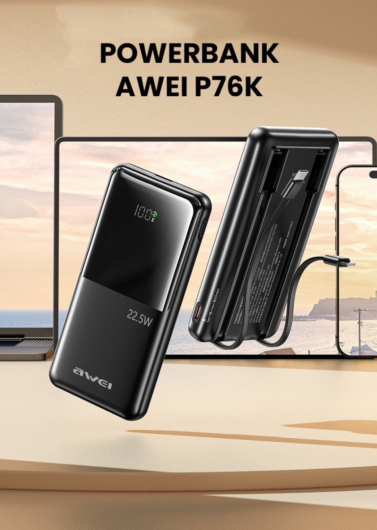 AWEI P76K POWERBANK WITH TYPE C AND LIGHTNING CABLE 10000mAh 22.5W BLACK