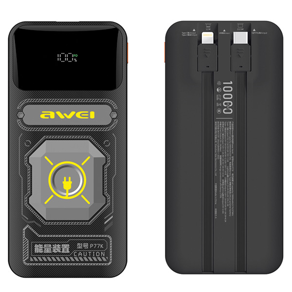 AWEI P77K POWERBANK WITH TYPE C AND LIGHTNING CABLE 10000mAh 22.5W BLACK
