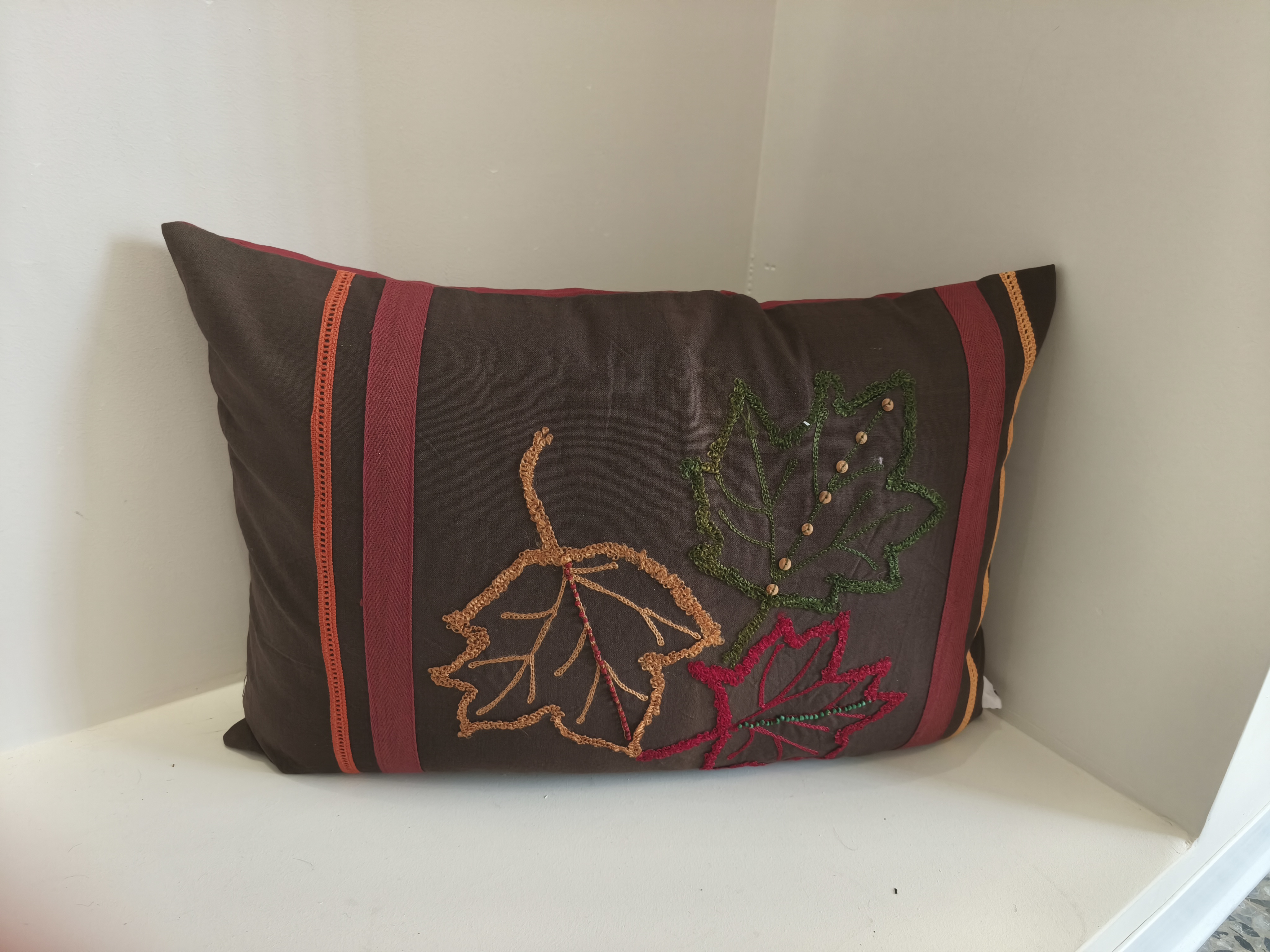 Cushion Cover  Leaves Cushion Embroider  32 X 47 Cm  100% Cotton