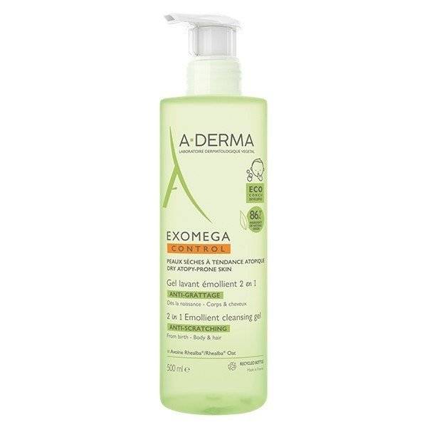 A-DERMA EXOMEGA CONTROL 2 IN 1 EMOLLIENT CLEANSING GEL HAIR & BODY 500ML
