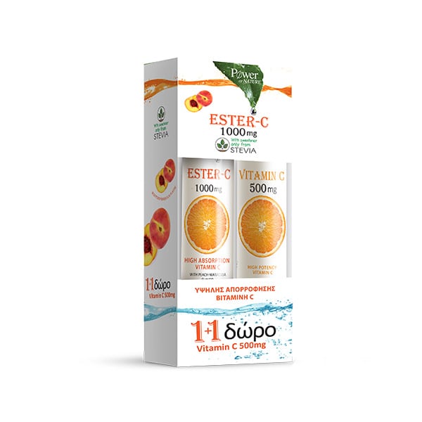 POWER HEALTH Ester C 1000mg Stevia + Vitamin C 500mg Peach 20 Efferv. Tablets