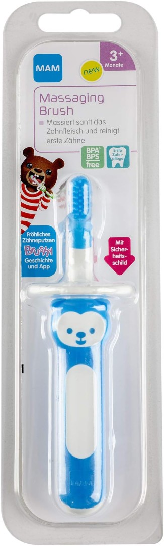 Mam Massaging Brush With Soft Silicone Bristles, Used To Babies Daily Teeth Cleaning, Baby Toothbrush To Relieve Teething Pain, From 3+ Months, Blue