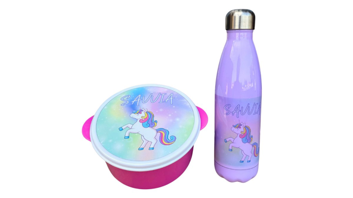 Double wall Water bottle Purple 500ml and lunch box Unicorn