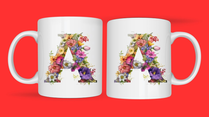 Coffee Mug Stitch initial A with Flowers 300ml