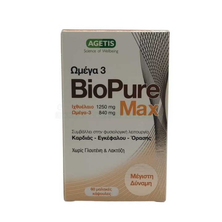 Agetis Biopure Max Fish Oil 1250Mg & Omega 3 840Mg for the Normal Function Of Brain-Heart-Vision 60 Softgels