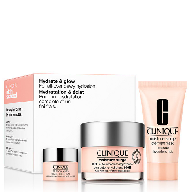 Clinique Hydrate & Glow Skincare Gift Set Full Size Moisture Surge Intense 72H Lipid-Replenishing Hydrator Moisturiser, 50Ml Moisture Surge Overnight Mask, 30Ml All About Eyes Eye Cream, 5Ml