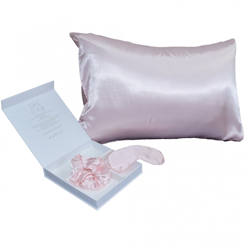 PURE SILK GIFT BOX WITH PILLOWCASE / BED MASK / SCRUNCHIE DARK ROSE COLOR