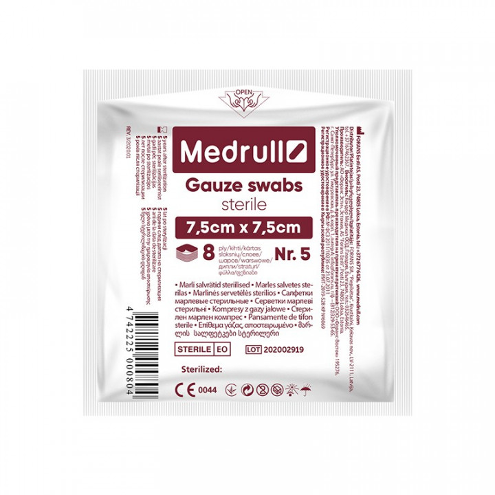Medrull Sterile Gauze  20 Swabs 5 X 7.5Cmx7.5Cm / 8 Ply