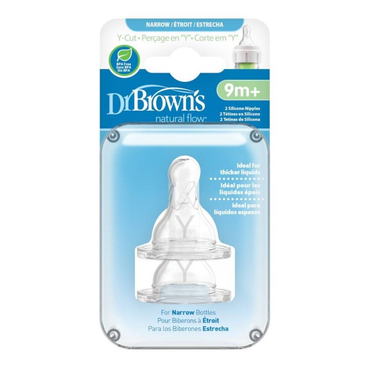 Dr. Brown's Natural Flow Silicone Nipples Narrow Neck Bottles Y-Cut 9M+ x2