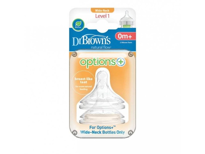 Dr. Brown's Natural Flow Options+ Silicone Nipples Wide Neck Level 1 0M+ x2