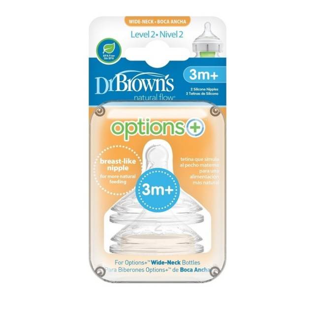 Dr. Brown's Natural Flow Options+ Silicone Nipples Wide Neck Level 2 3M+ x2
