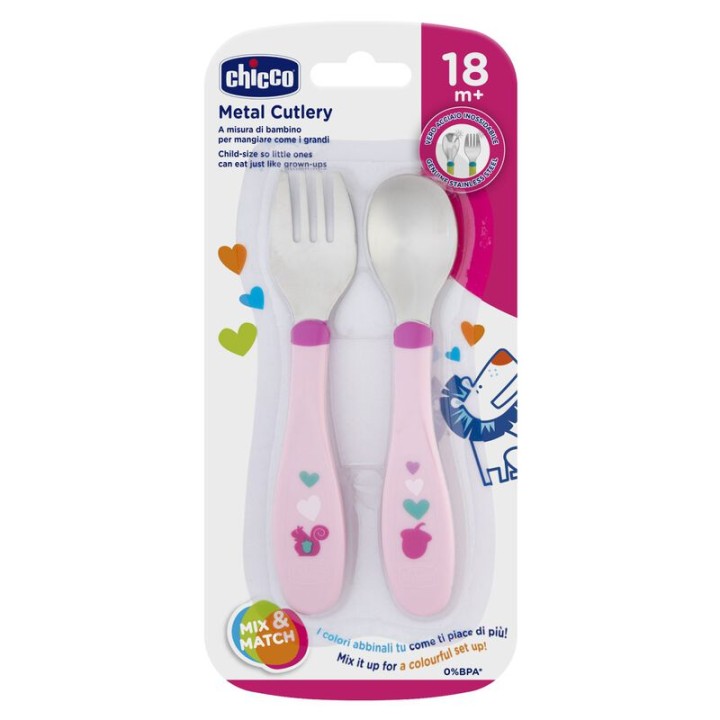 Chicco Metal Pink Cutlery Fork Spoon 18M+ 2Pcs