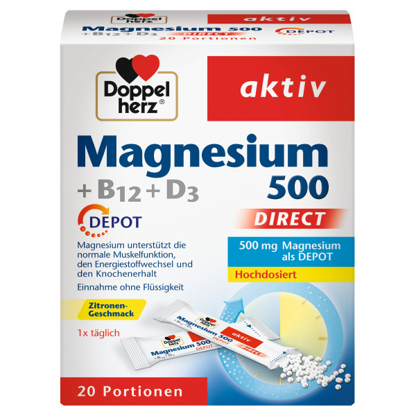 Doppel Herz Aktiv Magnesium 500 + B12+D3 Direct Sachets 20