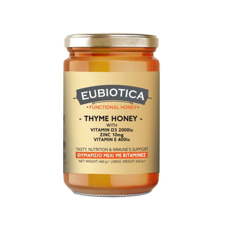 Eubiotica Thyme Honey W/ Vitamin D3 , Zinc & Vitamin E, Honey 460gr x 2000iu+10mg+400iu